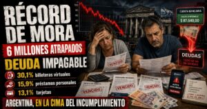 Billete de dólar estadounidense sobre un gráfico de línea descendente con tarjetas de crédito rotas y pantalla de celular mostrando saldo negativo.