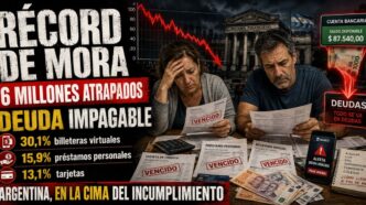 Billete de dólar estadounidense sobre un gráfico de línea descendente con tarjetas de crédito rotas y pantalla de celular mostrando saldo negativo.