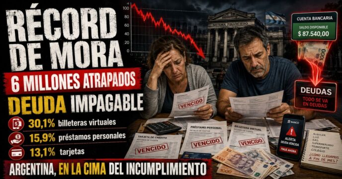 Billete de dólar estadounidense sobre un gráfico de línea descendente con tarjetas de crédito rotas y pantalla de celular mostrando saldo negativo.