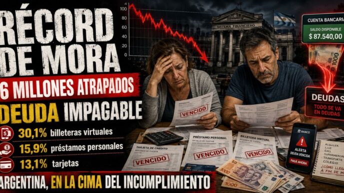 Billete de dólar estadounidense sobre un gráfico de línea descendente con tarjetas de crédito rotas y pantalla de celular mostrando saldo negativo.