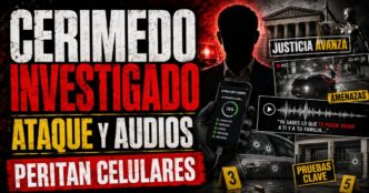 Primer plano de Fernando Cerimedo en una entrevista con fondo de expedientes judiciales y cinta pericial.