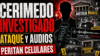 Primer plano de Fernando Cerimedo en una entrevista con fondo de expedientes judiciales y cinta pericial.