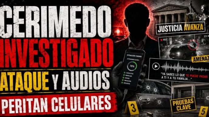 Primer plano de Fernando Cerimedo en una entrevista con fondo de expedientes judiciales y cinta pericial.