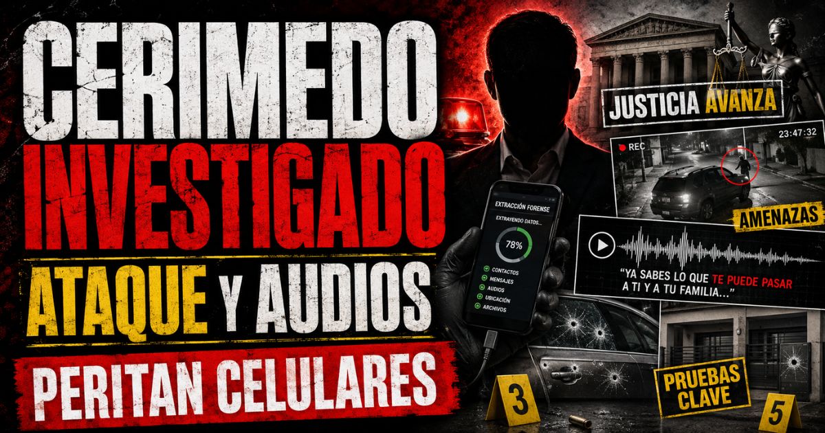 Primer plano de Fernando Cerimedo en una entrevista con fondo de expedientes judiciales y cinta pericial.