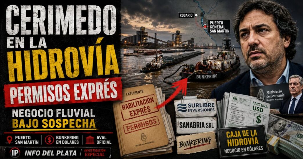 Conductor en el estudio de Info del Plata Noticias presentando el informe sobre el puerto y los servicios de la Hidrovía otorgados a Fernando Cerimedo.