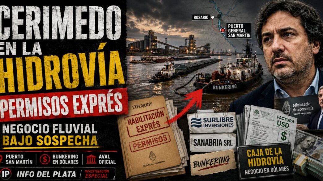 Conductor en el estudio de Info del Plata Noticias presentando el informe sobre el puerto y los servicios de la Hidrovía otorgados a Fernando Cerimedo.