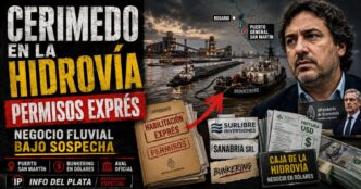 Conductor en el estudio de Info del Plata Noticias presentando el informe sobre el puerto y los servicios de la Hidrovía otorgados a Fernando Cerimedo.
