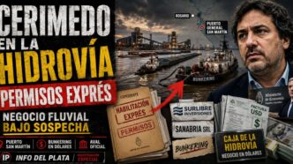 Conductor en el estudio de Info del Plata Noticias presentando el informe sobre el puerto y los servicios de la Hidrovía otorgados a Fernando Cerimedo.