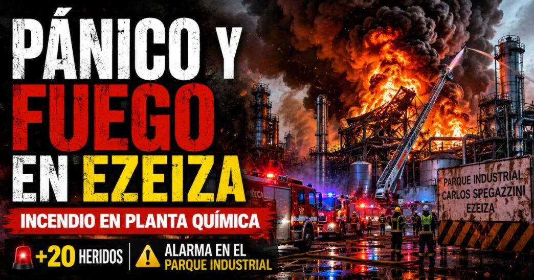 Columnas de humo negro y llamas consumiendo la estructura de una fábrica en el Parque Industrial Spegazzini de Ezeiza con camiones de bomberos.