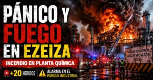 Columnas de humo negro y llamas consumiendo la estructura de una fábrica en el Parque Industrial Spegazzini de Ezeiza con camiones de bomberos.