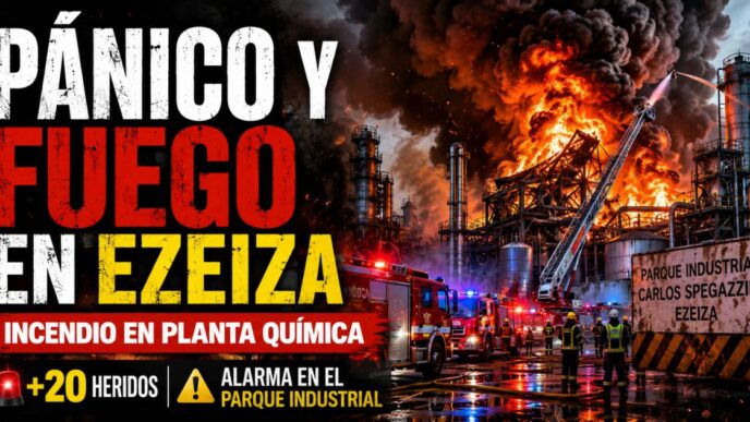 Columnas de humo negro y llamas consumiendo la estructura de una fábrica en el Parque Industrial Spegazzini de Ezeiza con camiones de bomberos.
