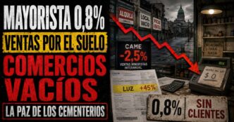 Gráfico de inflación mayorista del 0,8% sobreimpreso en la pantalla de un estudio de televisión con conductor de Info del Plata Noticias y un comercio vacío de fondo.