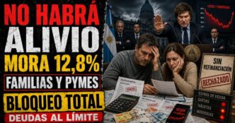 Conductor en el estudio de noticias de Info del Plata Noticias presentando informe sobre el rechazo de Javier Milei a auxiliar a las familias endeudadas.