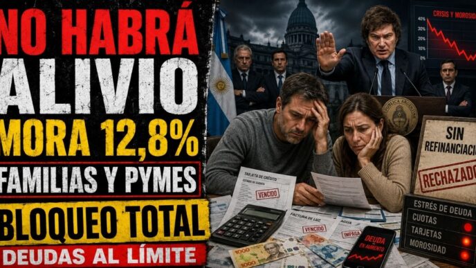 Conductor en el estudio de noticias de Info del Plata Noticias presentando informe sobre el rechazo de Javier Milei a auxiliar a las familias endeudadas.