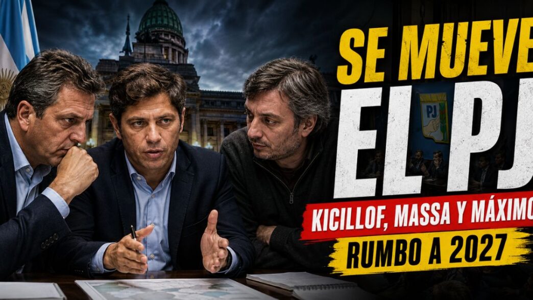 Axel Kicillof, Sergio Massa y Máximo Kirchner en una reunión política mientras el peronismo busca reorganizarse rumbo a las elecciones de 2027.