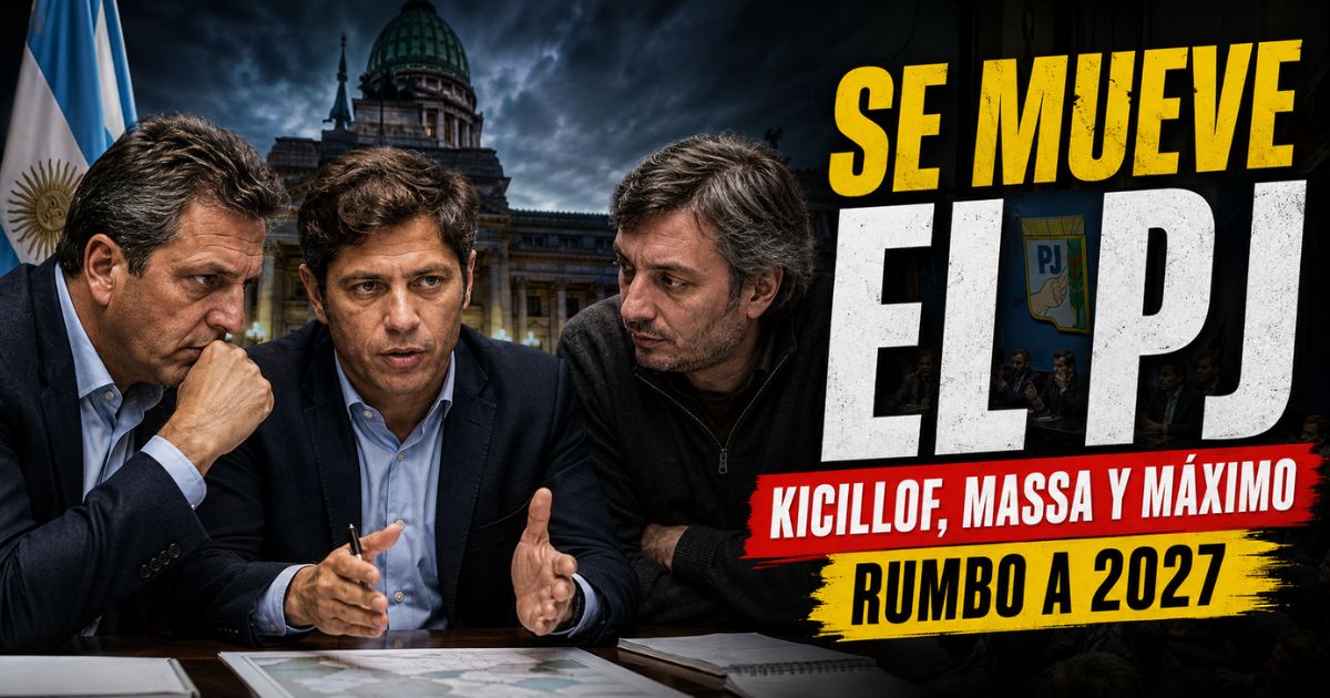 Axel Kicillof, Sergio Massa y Máximo Kirchner en una reunión política mientras el peronismo busca reorganizarse rumbo a las elecciones de 2027.