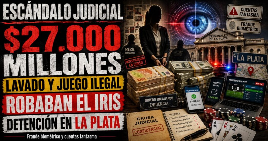 Conductor en el estudio de televisión de Info del Plata Noticias presentando informe sobre el operativo contra el lavado de dinero y la mafia de las apuestas.