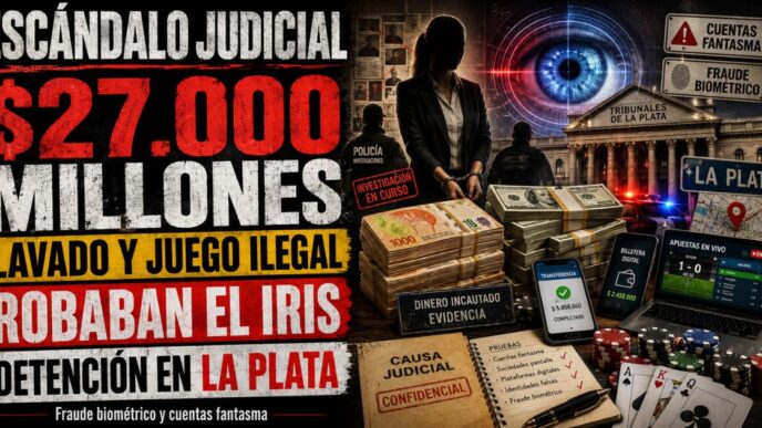 Conductor en el estudio de televisión de Info del Plata Noticias presentando informe sobre el operativo contra el lavado de dinero y la mafia de las apuestas.