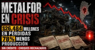 Línea de montaje de maquinaria agrícola detenida en la planta industrial de Metalfor en Marcos Juárez con maquinaria apagada.