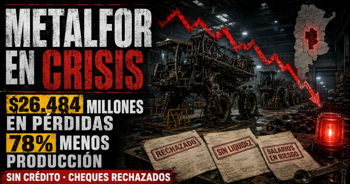 Línea de montaje de maquinaria agrícola detenida en la planta industrial de Metalfor en Marcos Juárez con maquinaria apagada.