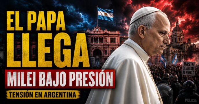 Milei ante la visita del Papa León XIV en Argentina, con la Casa Rosada y una multitud en un clima de tensión política.