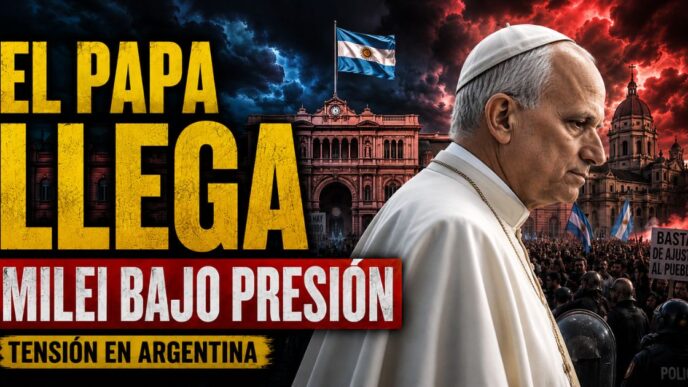 Milei ante la visita del Papa León XIV en Argentina, con la Casa Rosada y una multitud en un clima de tensión política.