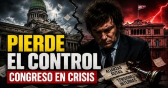 Javier Milei frente al Congreso y la Casa Rosada en una imagen de crisis política, con el mensaje Pierde el control y Congreso en crisis.