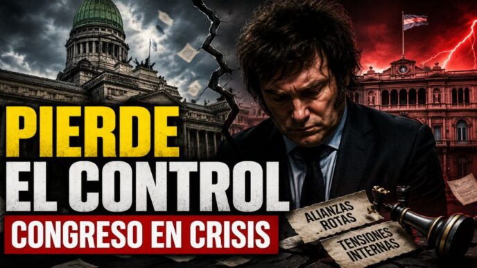 Javier Milei frente al Congreso y la Casa Rosada en una imagen de crisis política, con el mensaje Pierde el control y Congreso en crisis.