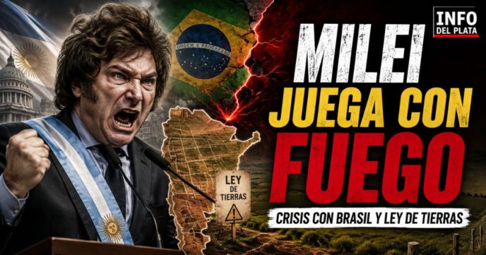 Javier Milei en una imagen de fuerte tensión política junto a las banderas de Argentina y Brasil, con referencias a la Ley de Tierras y la soberanía nacional.