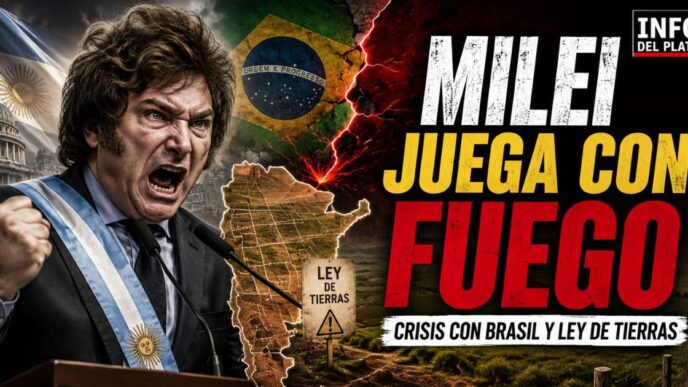 Javier Milei en una imagen de fuerte tensión política junto a las banderas de Argentina y Brasil, con referencias a la Ley de Tierras y la soberanía nacional.