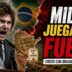 Javier Milei en una imagen de fuerte tensión política junto a las banderas de Argentina y Brasil, con referencias a la Ley de Tierras y la soberanía nacional.