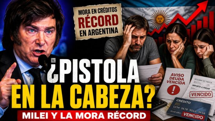 Javier Milei junto a una familia preocupada por deudas y tarjetas vencidas, en una imagen sobre la morosidad récord en Argentina.