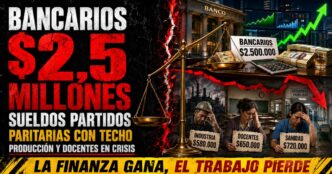 Conductor en estudio de Info del Plata Noticias presentando informe sobre la brecha salarial entre bancarios e industriales en pantalla dividida.