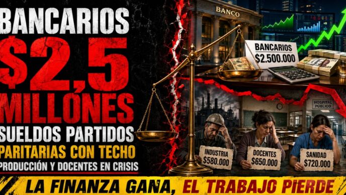 Conductor en estudio de Info del Plata Noticias presentando informe sobre la brecha salarial entre bancarios e industriales en pantalla dividida.