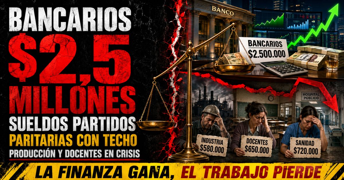Conductor en estudio de Info del Plata Noticias presentando informe sobre la brecha salarial entre bancarios e industriales en pantalla dividida.