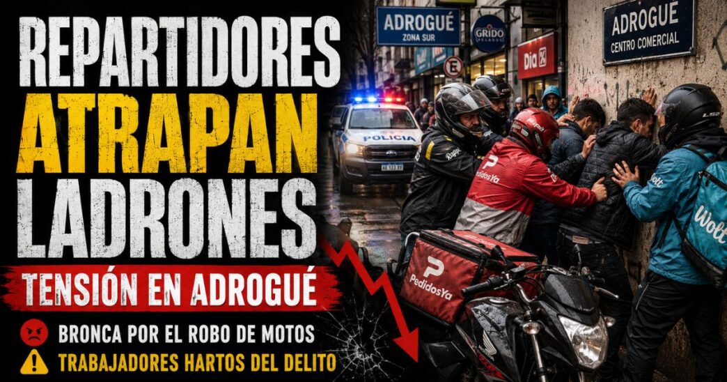 Grupo de repartidores con mochilas térmicas rodeando a un sospechoso contra la pared en una calle comercial de Adrogué.