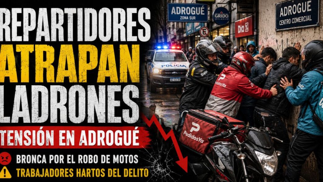 Grupo de repartidores con mochilas térmicas rodeando a un sospechoso contra la pared en una calle comercial de Adrogué.