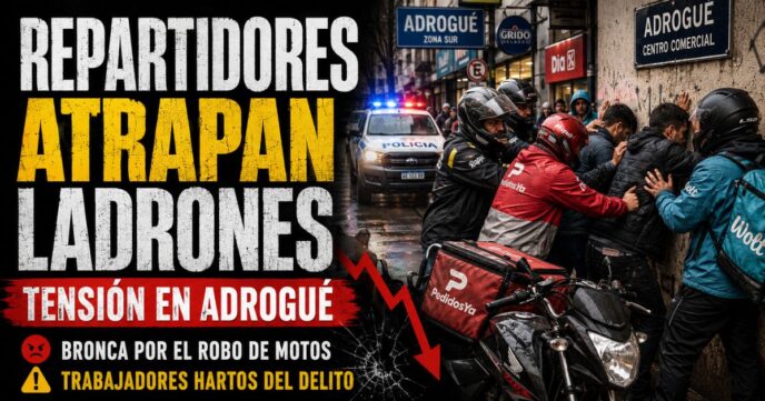 Grupo de repartidores con mochilas térmicas rodeando a un sospechoso contra la pared en una calle comercial de Adrogué.
