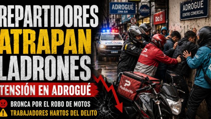 Grupo de repartidores con mochilas térmicas rodeando a un sospechoso contra la pared en una calle comercial de Adrogué.