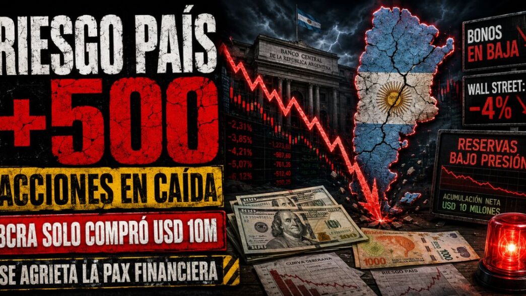 Gráfico de cotización bursátil en rojo con pantallas financieras y silueta del Banco Central de la República Argentina.