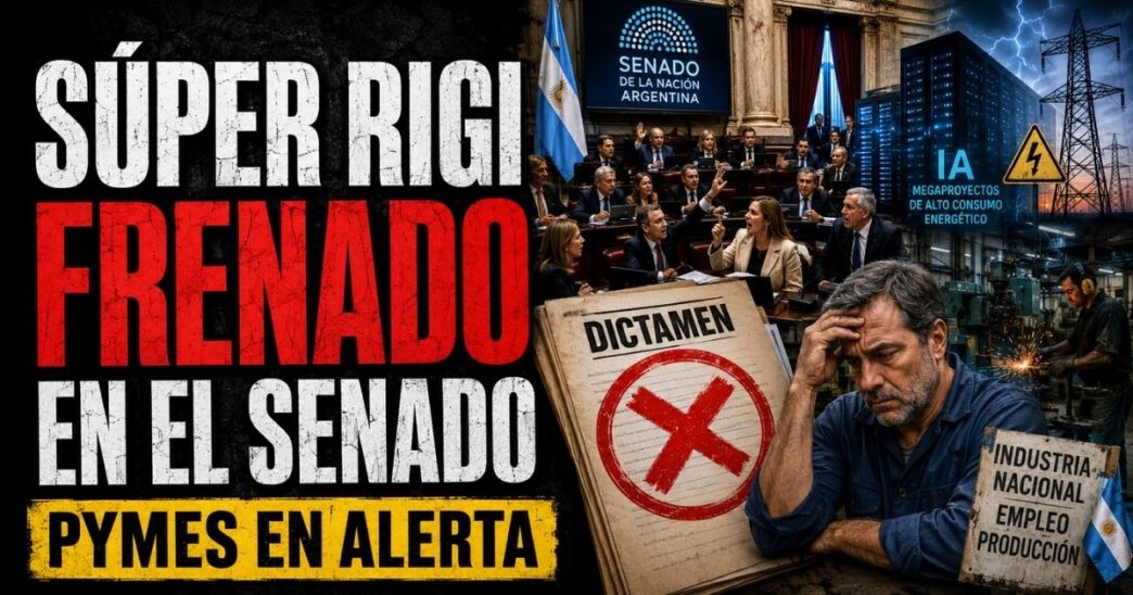 Conductor en el estudio de noticias de Info del Plata Noticias presentando informe sobre el freno al Súper RIGI en el Senado.