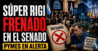Conductor en el estudio de noticias de Info del Plata Noticias presentando informe sobre el freno al Súper RIGI en el Senado.