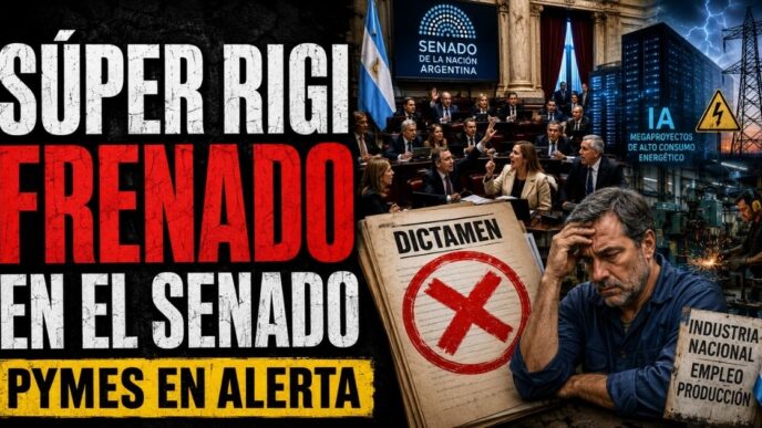 Conductor en el estudio de noticias de Info del Plata Noticias presentando informe sobre el freno al Súper RIGI en el Senado.