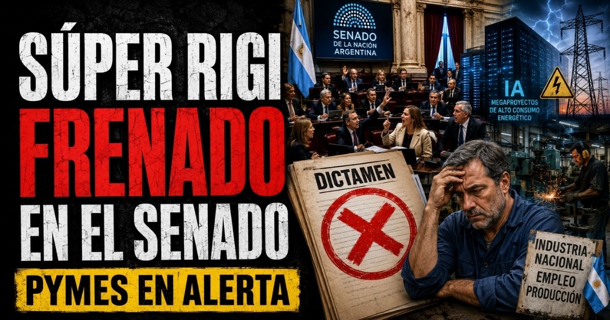 Conductor en el estudio de noticias de Info del Plata Noticias presentando informe sobre el freno al Súper RIGI en el Senado.