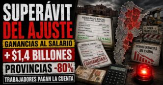Gráfico de superávit fiscal sobreimpreso en un recibo de sueldo con retención de Ganancias y estudio de noticias de Info del Plata de fondo.