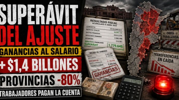 Gráfico de superávit fiscal sobreimpreso en un recibo de sueldo con retención de Ganancias y estudio de noticias de Info del Plata de fondo.