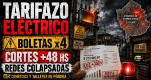 Conductor en estudio de Info del Plata Noticias presentando informe sobre facturas de luz y transformadores eléctricos dañados.