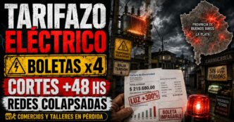 Conductor en estudio de Info del Plata Noticias presentando informe sobre facturas de luz y transformadores eléctricos dañados.