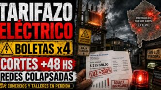 Conductor en estudio de Info del Plata Noticias presentando informe sobre facturas de luz y transformadores eléctricos dañados.