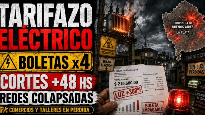 Conductor en estudio de Info del Plata Noticias presentando informe sobre facturas de luz y transformadores eléctricos dañados.